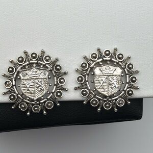 Vintage silver tone coat of arms royalty crown lion sword crest clipon earrings